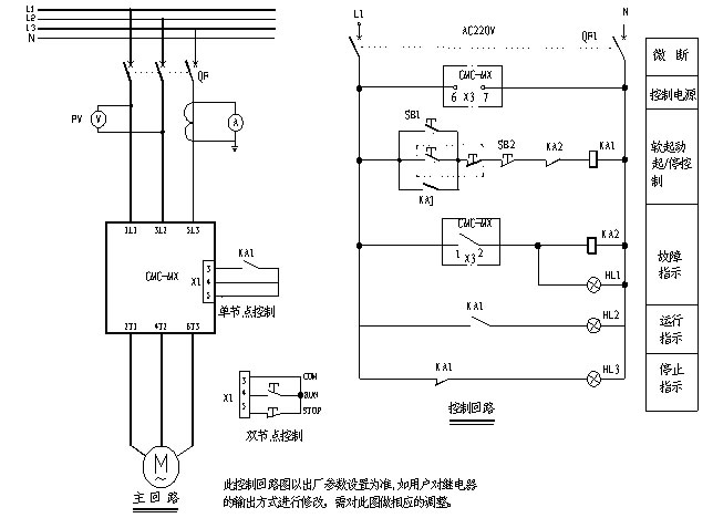 CMC-MX內(nèi)置旁路軟起動器基本接線原理圖、三角形內(nèi)接連接圖和典型應(yīng)用接線圖(圖3)